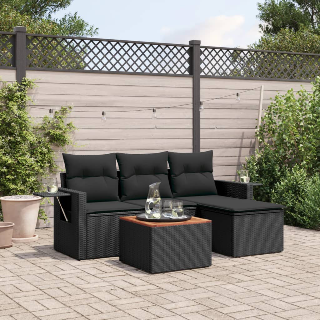 5-delige Loungeset met kussens poly rattan zwart – afbeelding 1