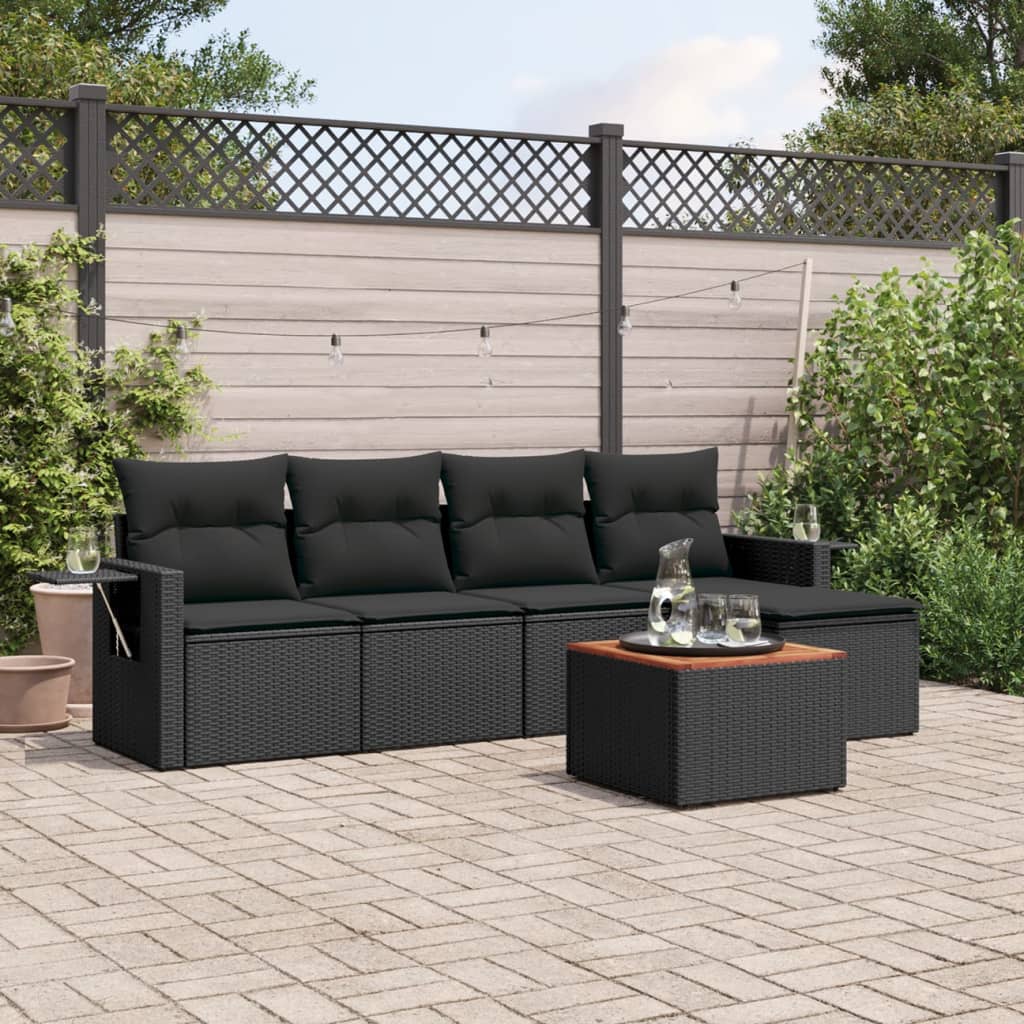 6-delige Loungeset met kussens poly rattan zwart – afbeelding 1