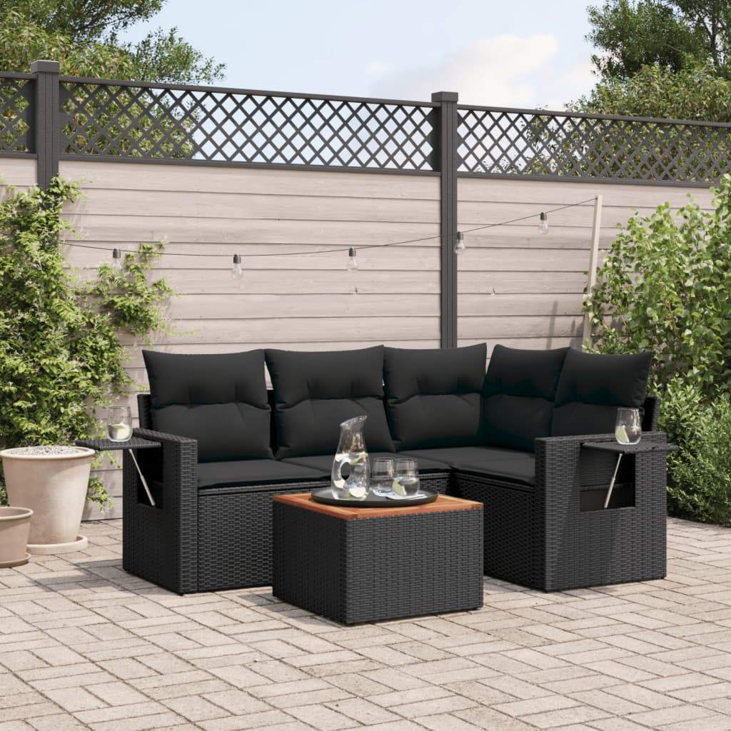 5-delige Loungeset met kussens poly rattan zwart – afbeelding 1