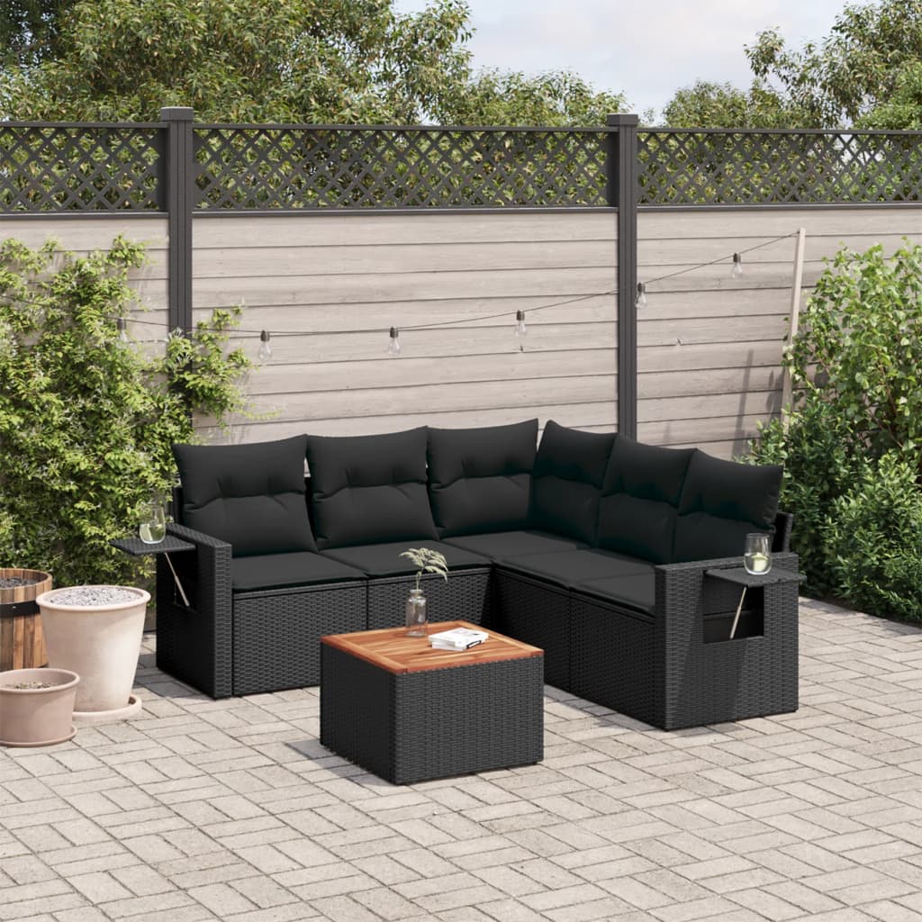 6-delige Loungeset met kussens poly rattan zwart – afbeelding 1