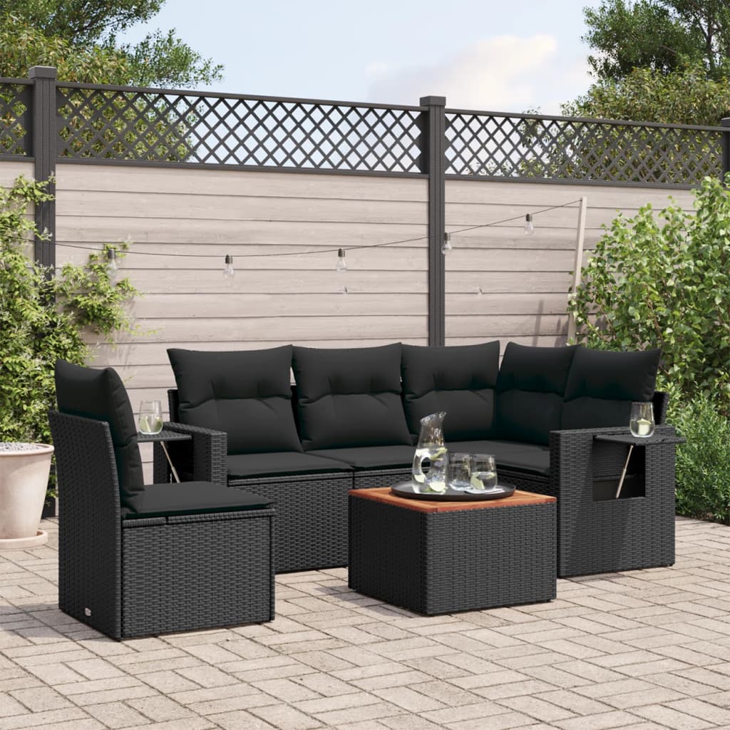 6-delige Loungeset met kussens poly rattan zwart – afbeelding 1