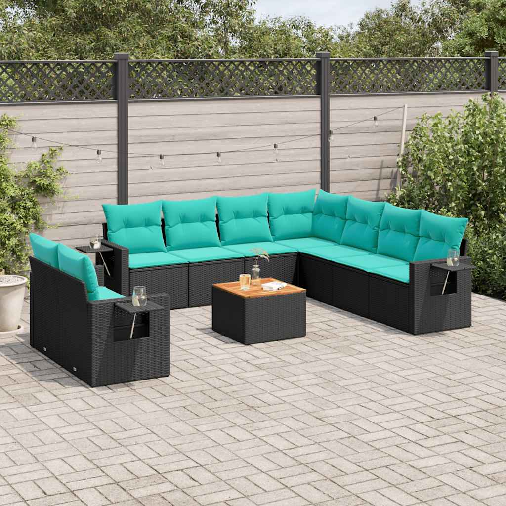 10-delige tuinbankset met kussens van zwart polyrotan – afbeelding 1