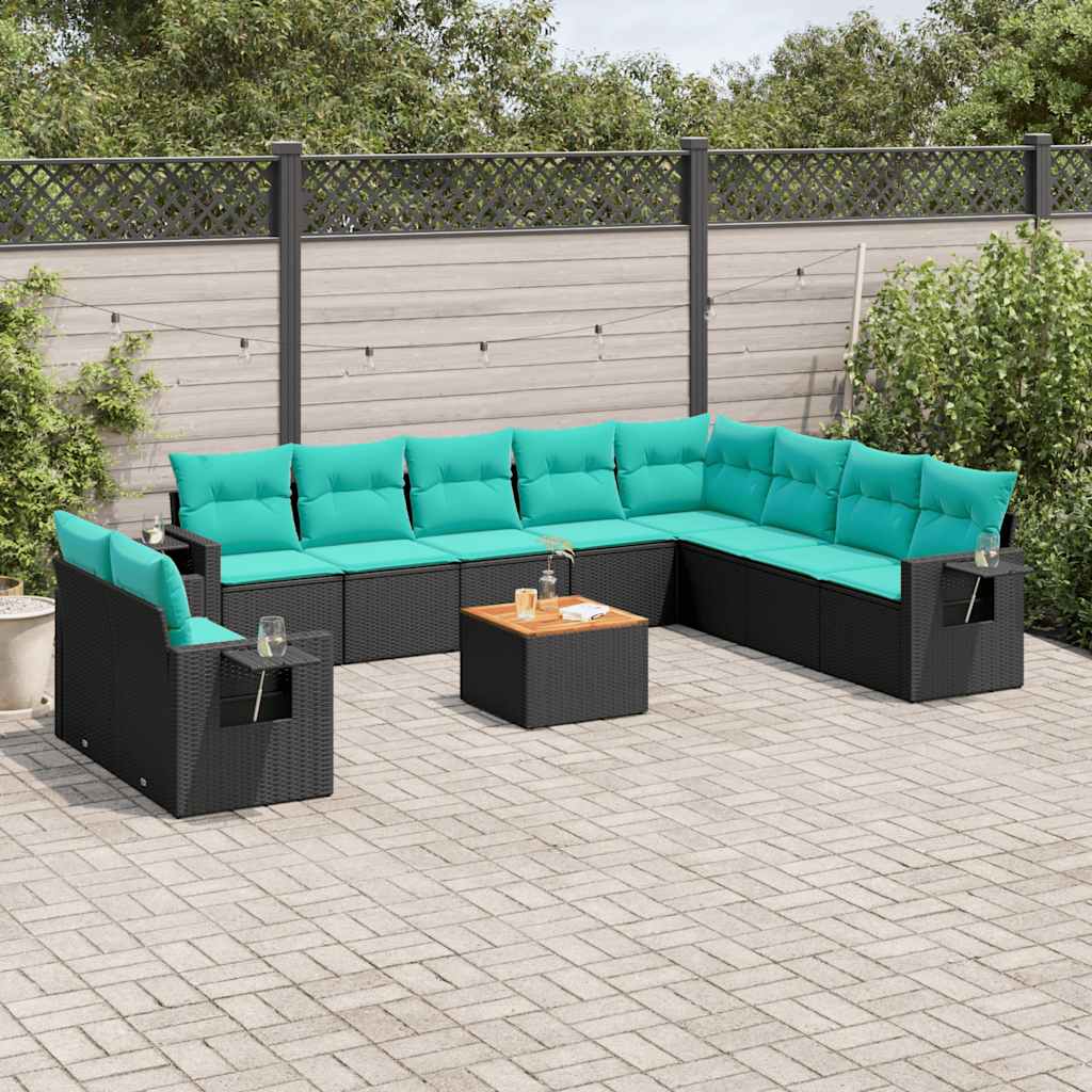 11-delige tuinbankset met kussens, zwart polyrotan