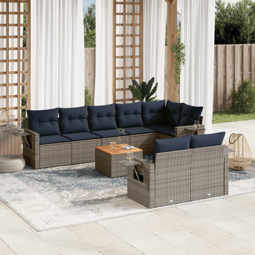 9-delige tuinbankset met kussens, grijs polyrotan – afbeelding 1