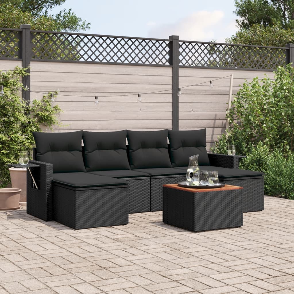 7-delige Loungeset met kussens poly rattan zwart – afbeelding 1