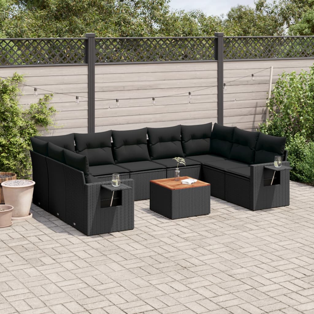 10-delige Loungeset met kussens poly rattan zwart – afbeelding 1