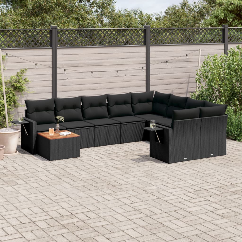 10-delige Loungeset met kussens poly rattan zwart – afbeelding 1