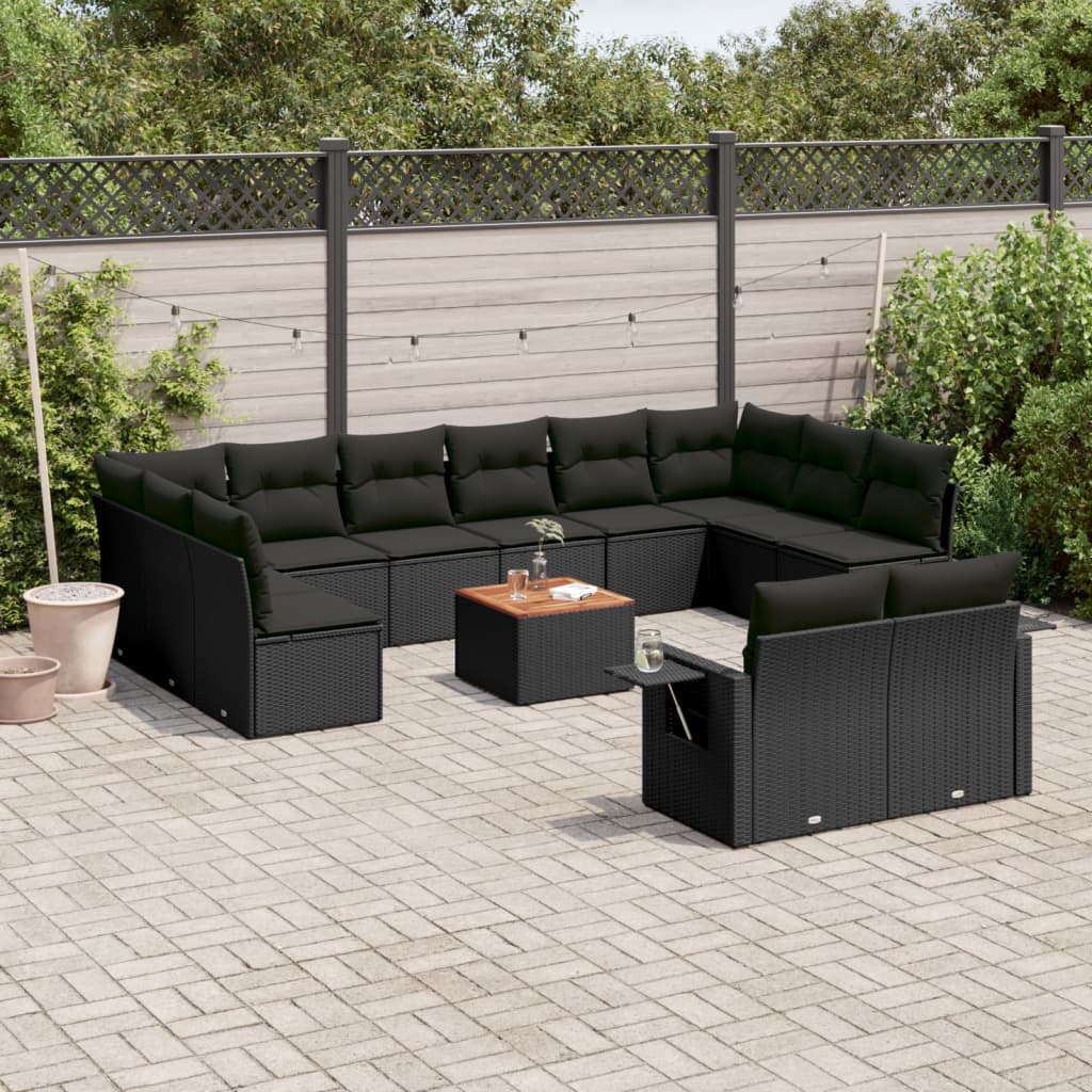 13-delige Loungeset met kussens poly rattan zwart – afbeelding 1