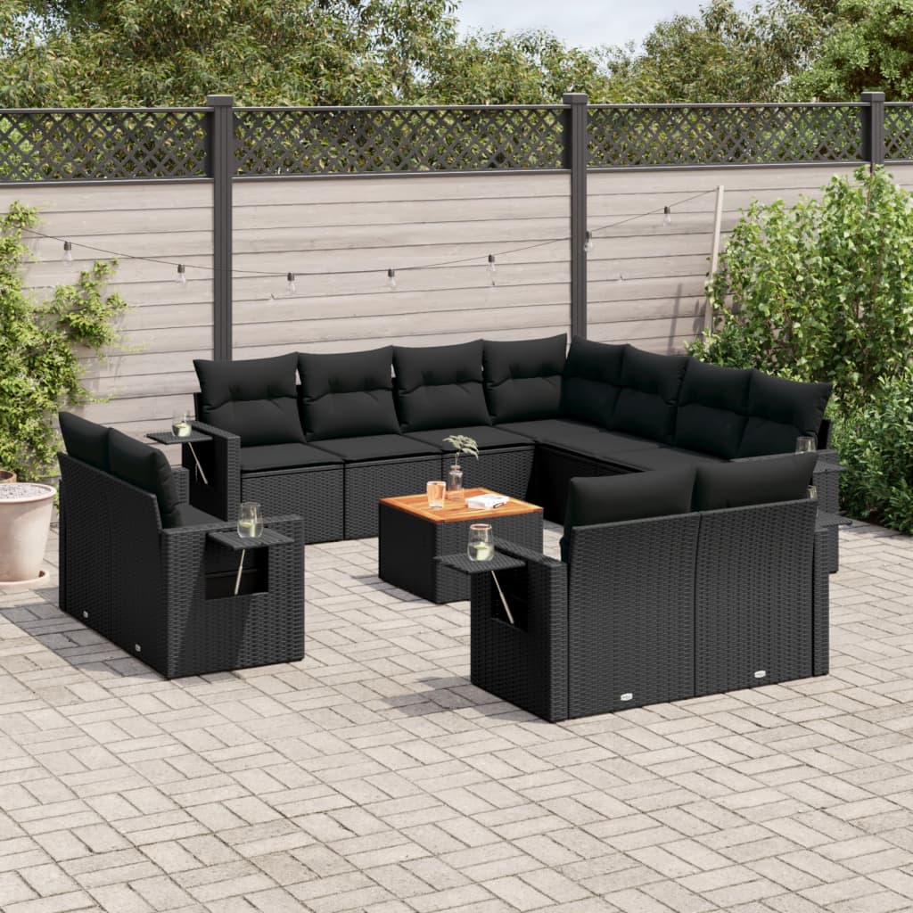 12-delige Loungeset met kussens poly rattan zwart – afbeelding 1