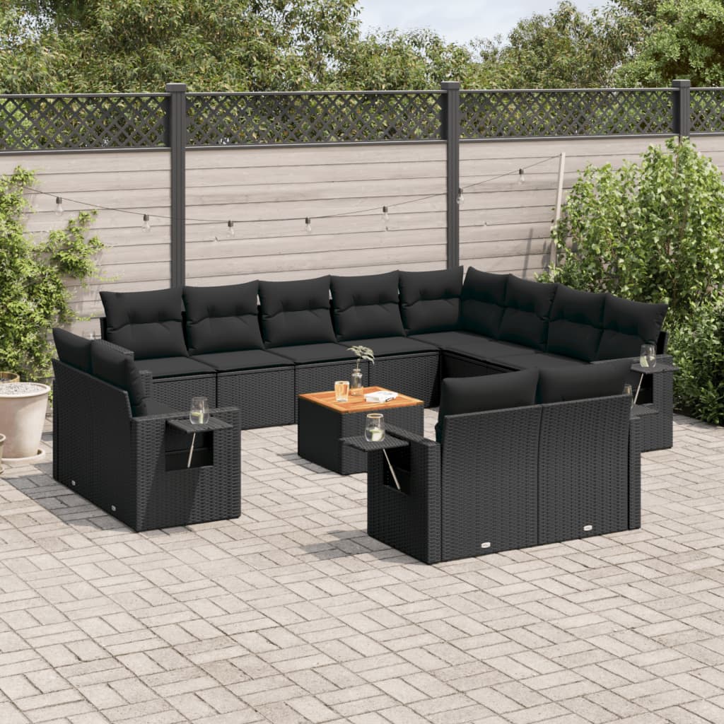 13-delige Loungeset met kussens poly rattan zwart – afbeelding 1