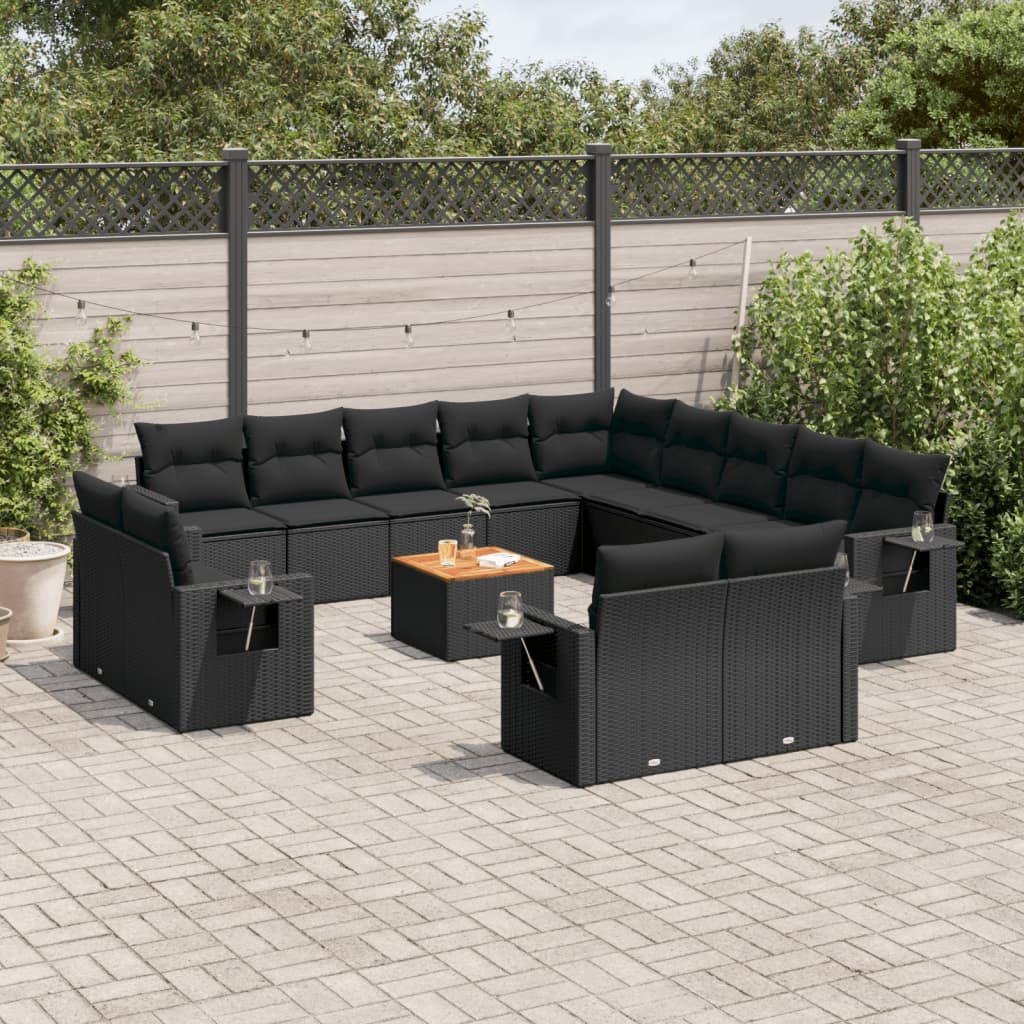 14-delige Loungeset met kussens poly rattan zwart – afbeelding 1