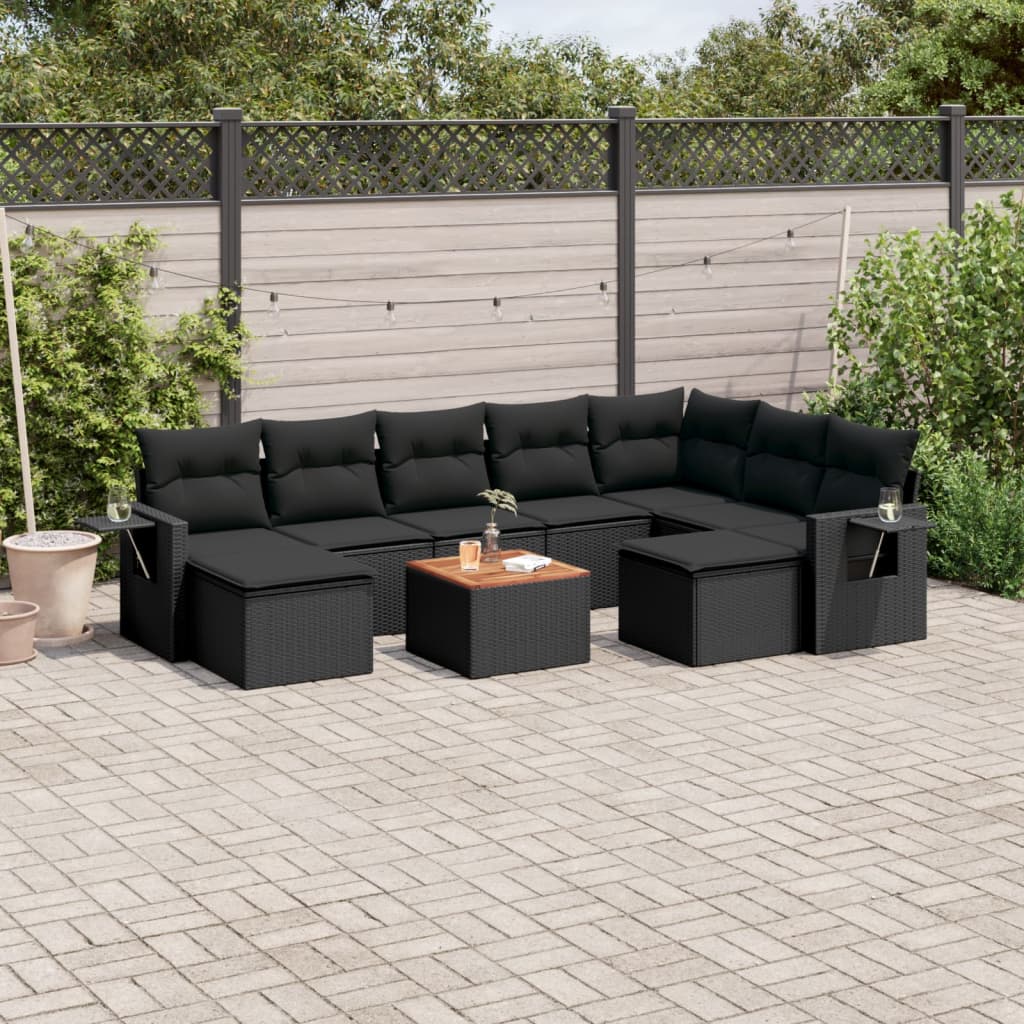 10-delige Loungeset met kussens poly rattan zwart – afbeelding 1