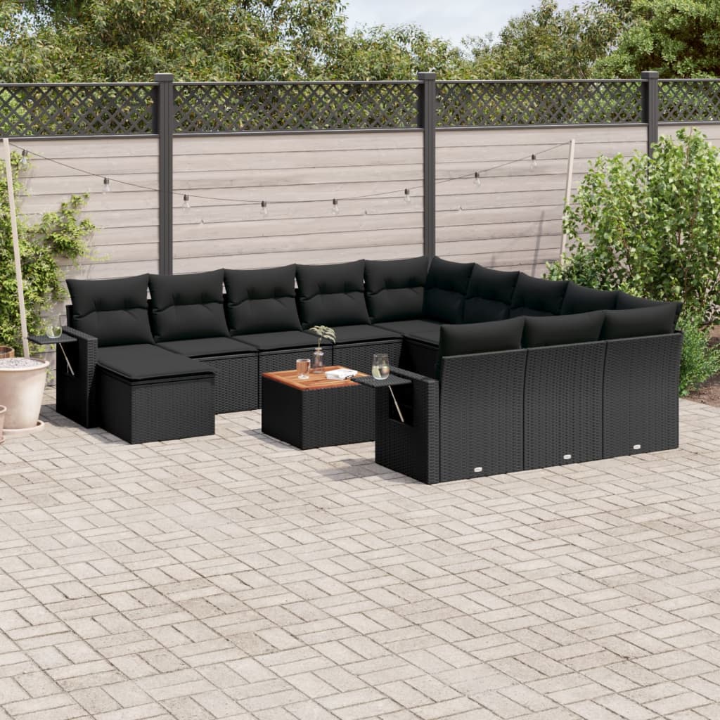 13-delige Loungeset met kussens poly rattan zwart – afbeelding 1