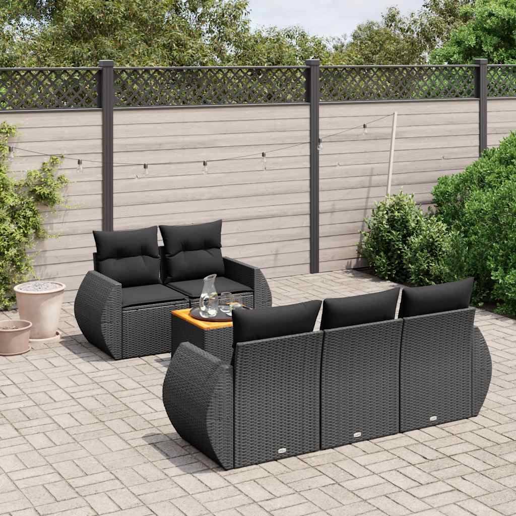 6-delige Loungeset met kussens poly rattan zwart – afbeelding 1