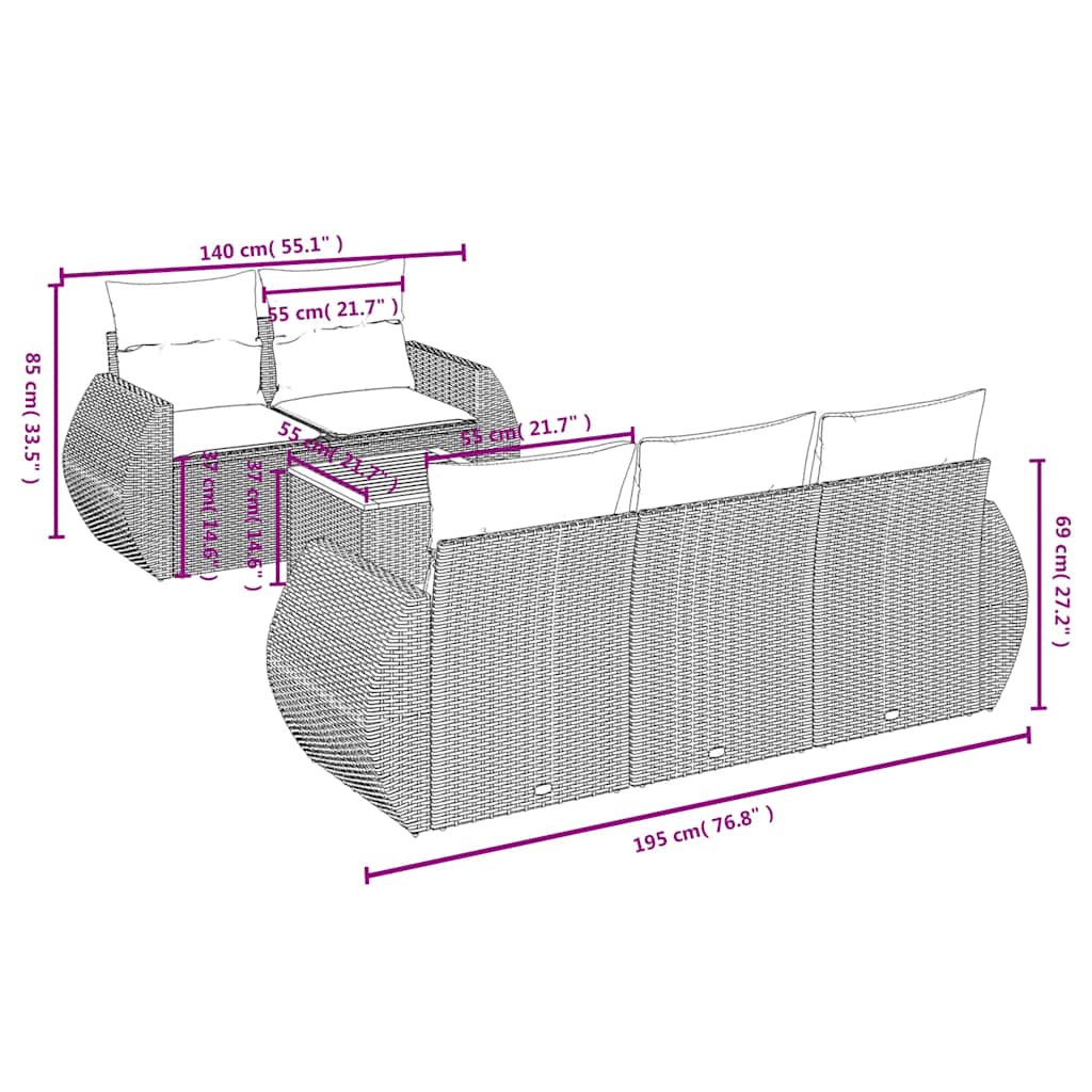 6-delige Loungeset met kussens poly rattan zwart – afbeelding 7