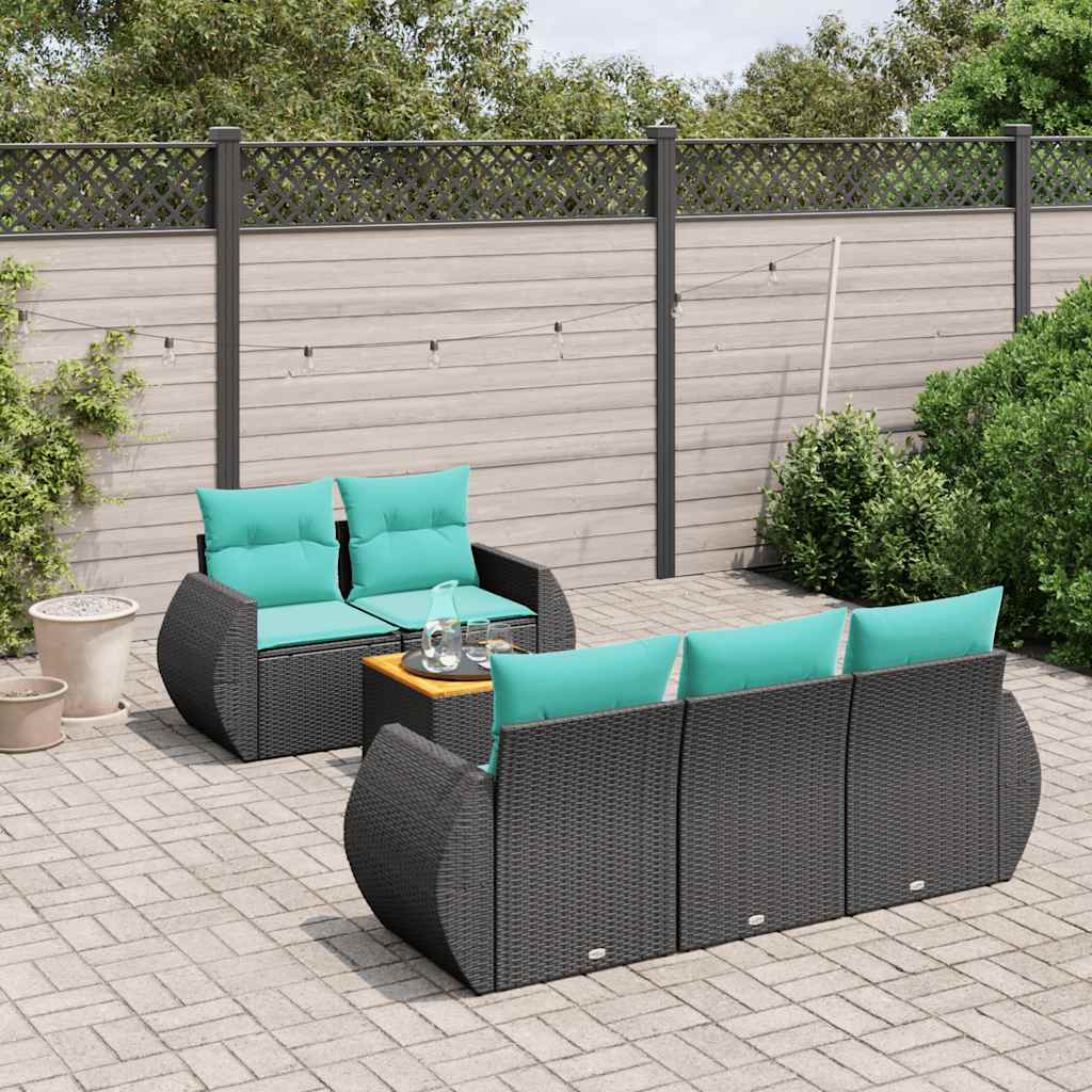 6-delige tuinbankset met kussens van zwart polyrotan – afbeelding 1