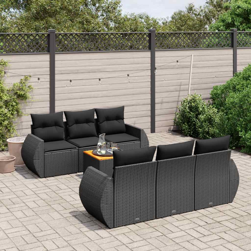 7-delige Loungeset met kussens poly rattan zwart – afbeelding 1