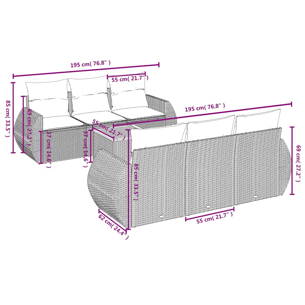 7-delige Loungeset met kussens poly rattan zwart – afbeelding 7
