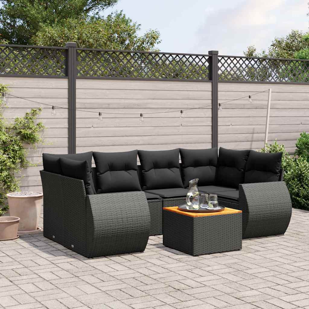 7-delige Loungeset met kussens poly rattan zwart – afbeelding 1