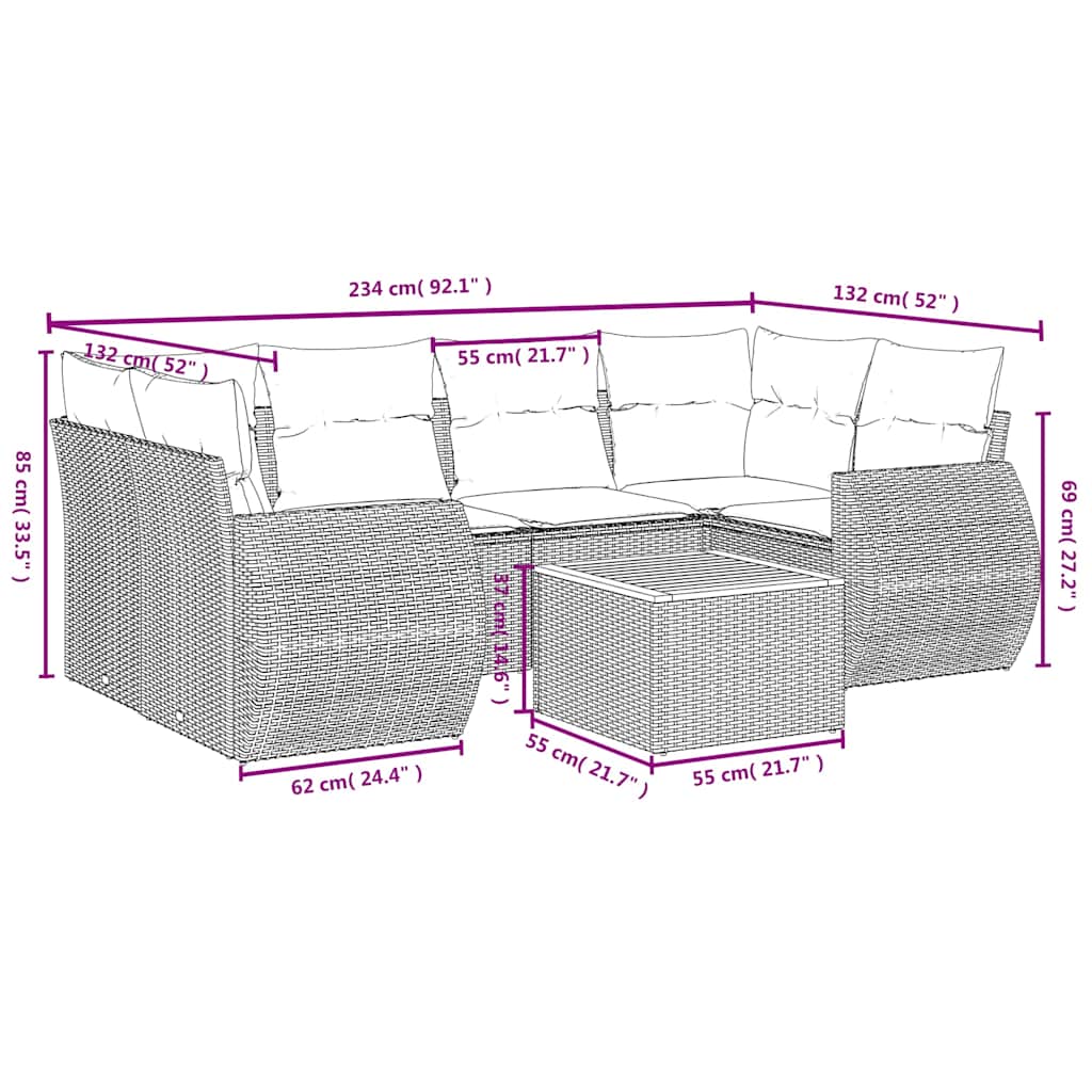 7-delige Loungeset met kussens poly rattan zwart – afbeelding 8