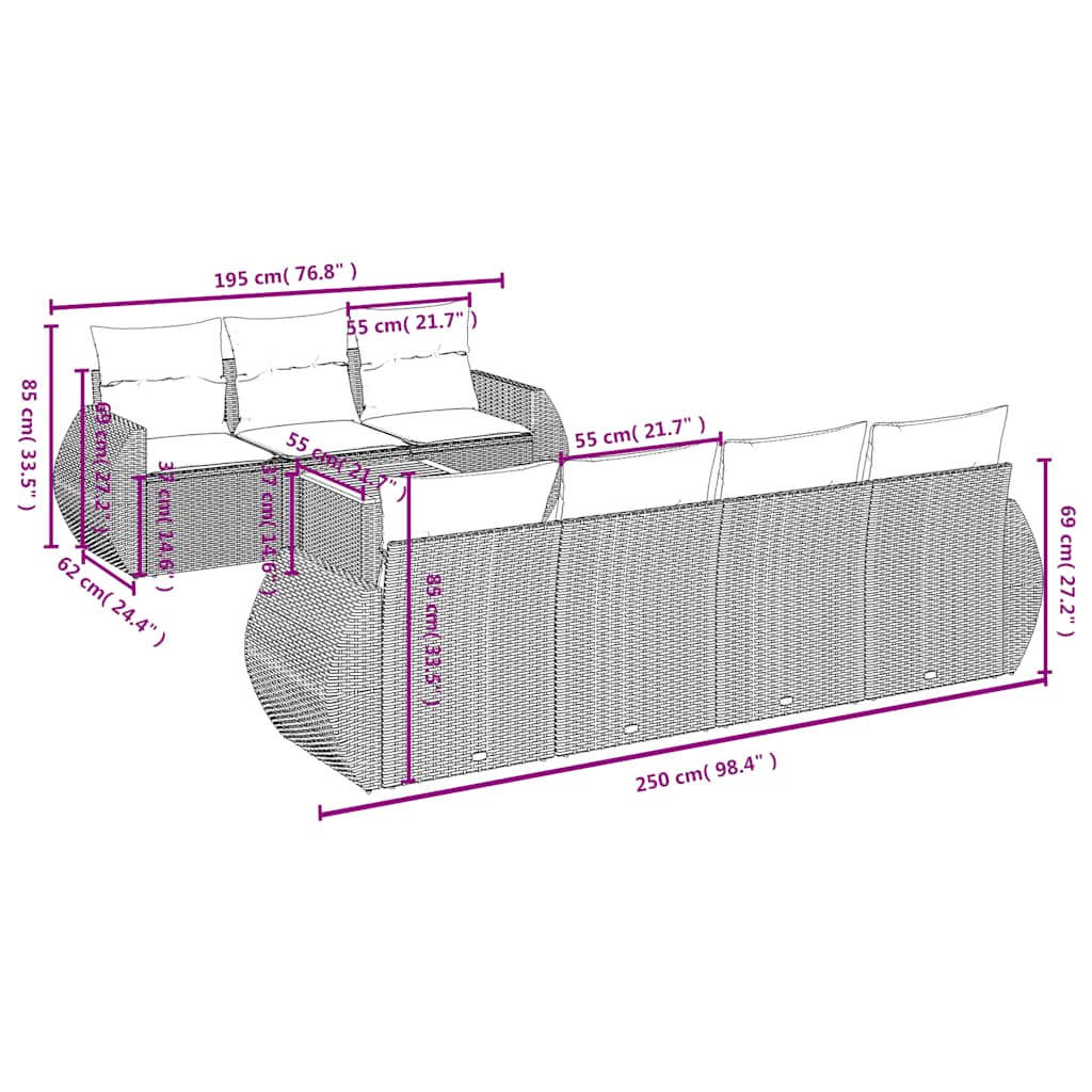 8-delige Loungeset met kussens poly rattan zwart – afbeelding 7