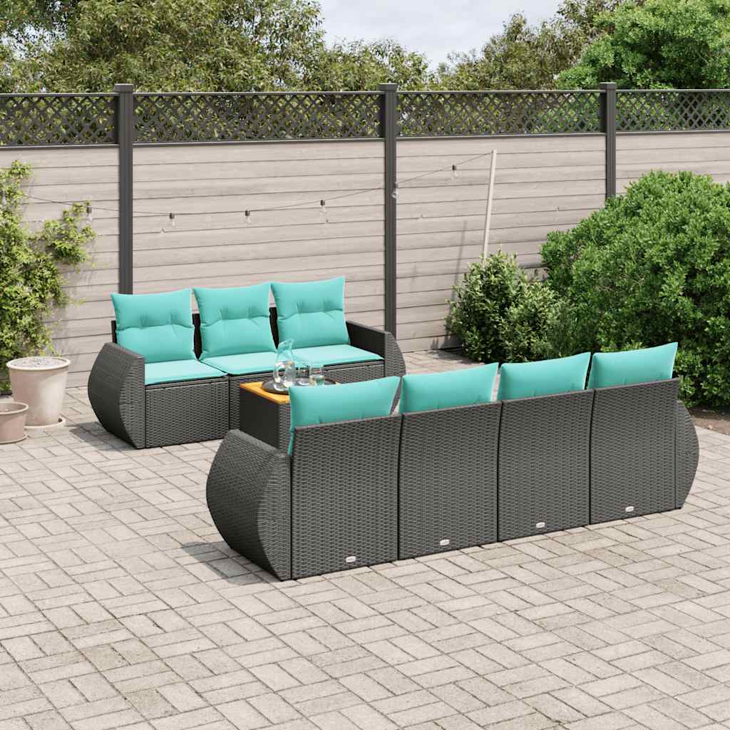 8-delige tuinbankset met kussens, zwart polyrotan – afbeelding 1
