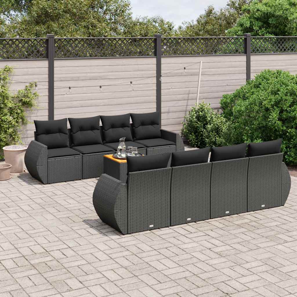 9-delige Loungeset met kussens poly rattan zwart – afbeelding 1