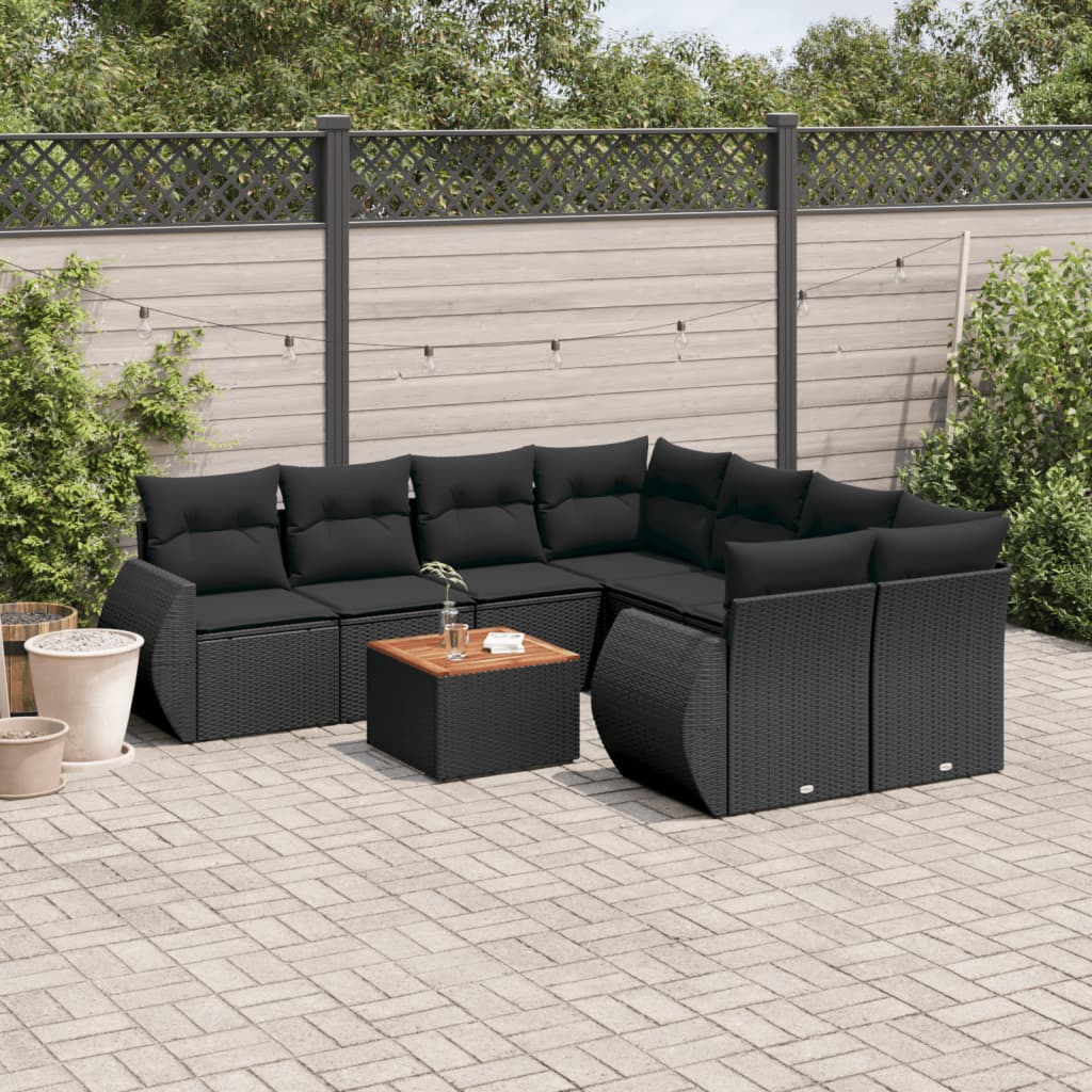 9-delige Loungeset met kussens poly rattan zwart – afbeelding 1