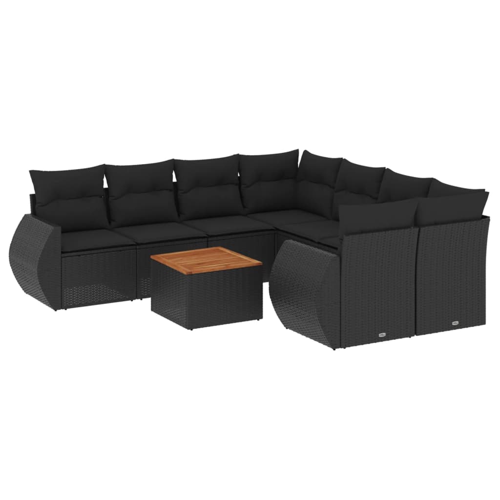 9-delige Loungeset met kussens poly rattan zwart – afbeelding 2