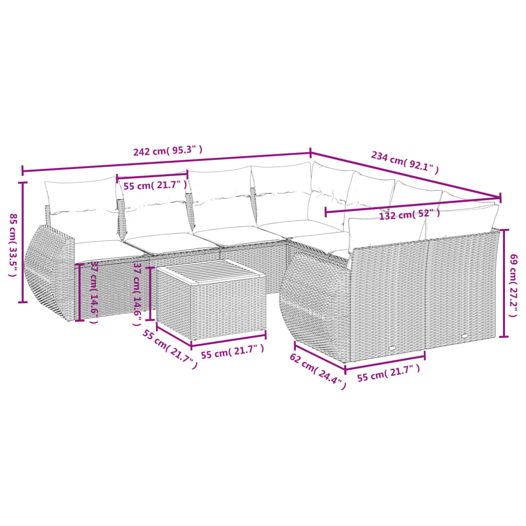 9-delige Loungeset met kussens poly rattan zwart – afbeelding 8