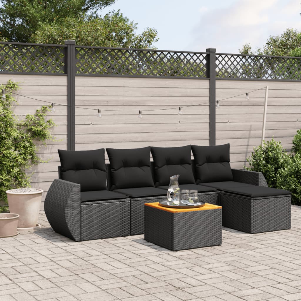 6-delige Loungeset met kussens poly rattan zwart – afbeelding 1