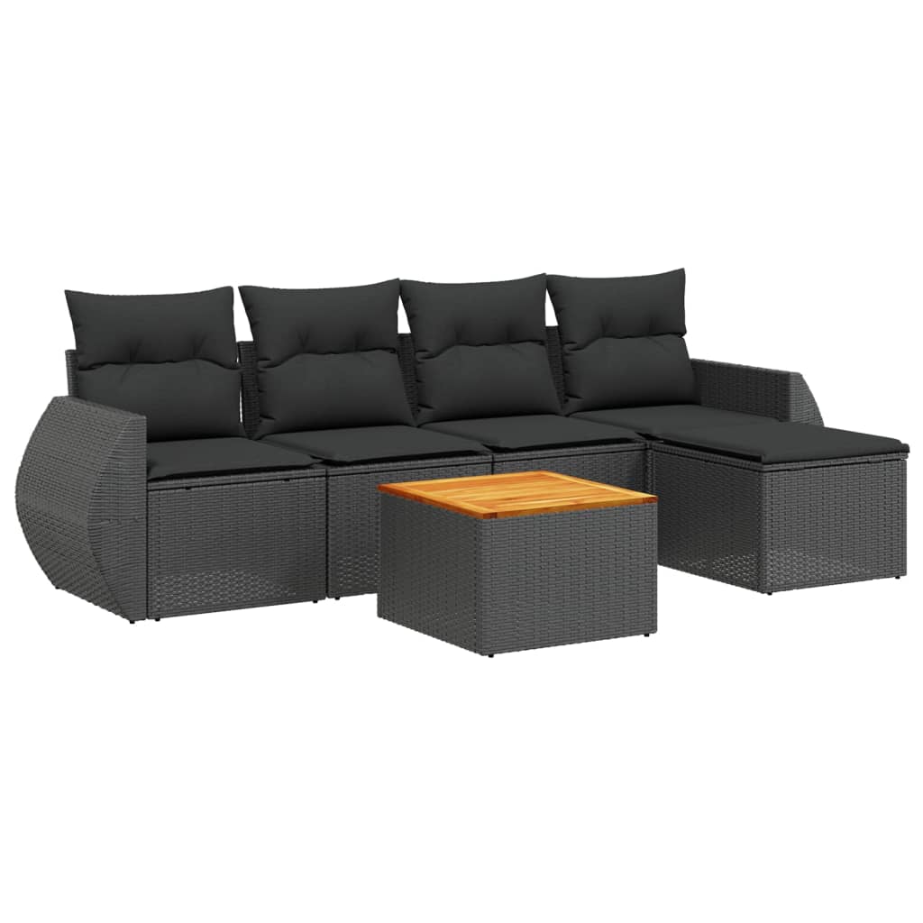 6-delige Loungeset met kussens poly rattan zwart – afbeelding 2