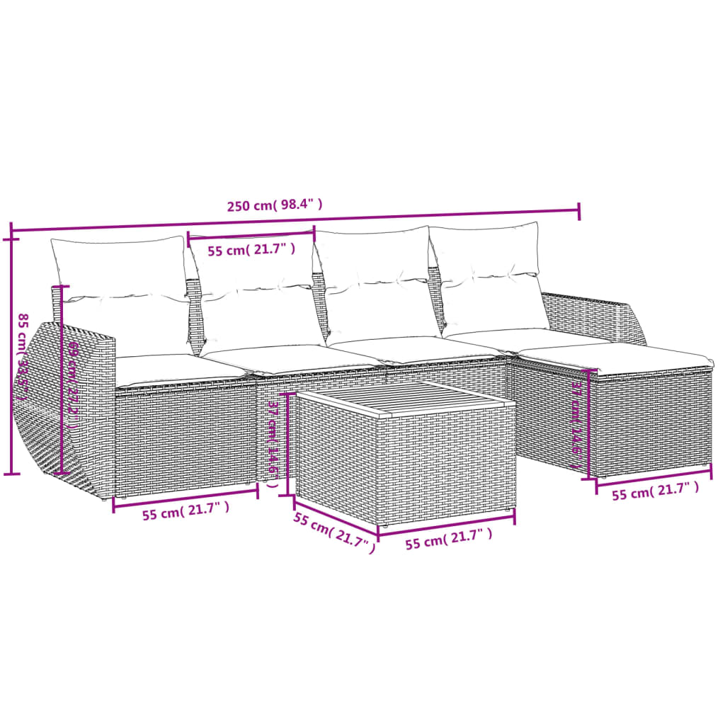 6-delige Loungeset met kussens poly rattan zwart – afbeelding 8