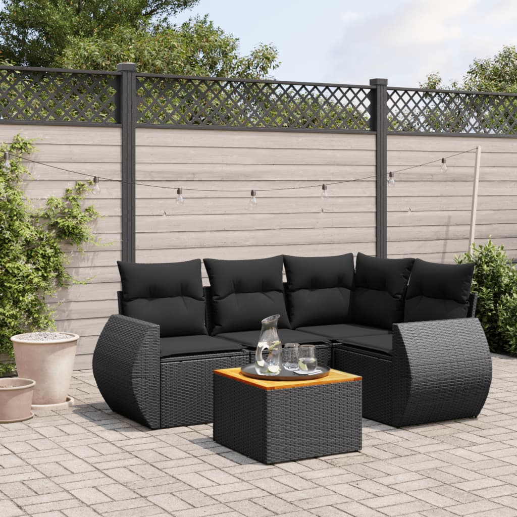 5-delige Loungeset met kussens poly rattan zwart – afbeelding 1