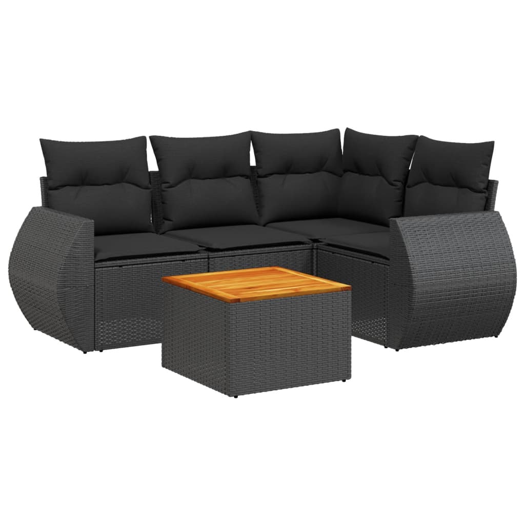 5-delige Loungeset met kussens poly rattan zwart – afbeelding 2