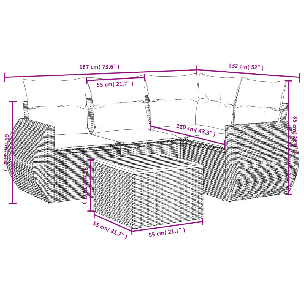 5-delige Loungeset met kussens poly rattan zwart – afbeelding 8