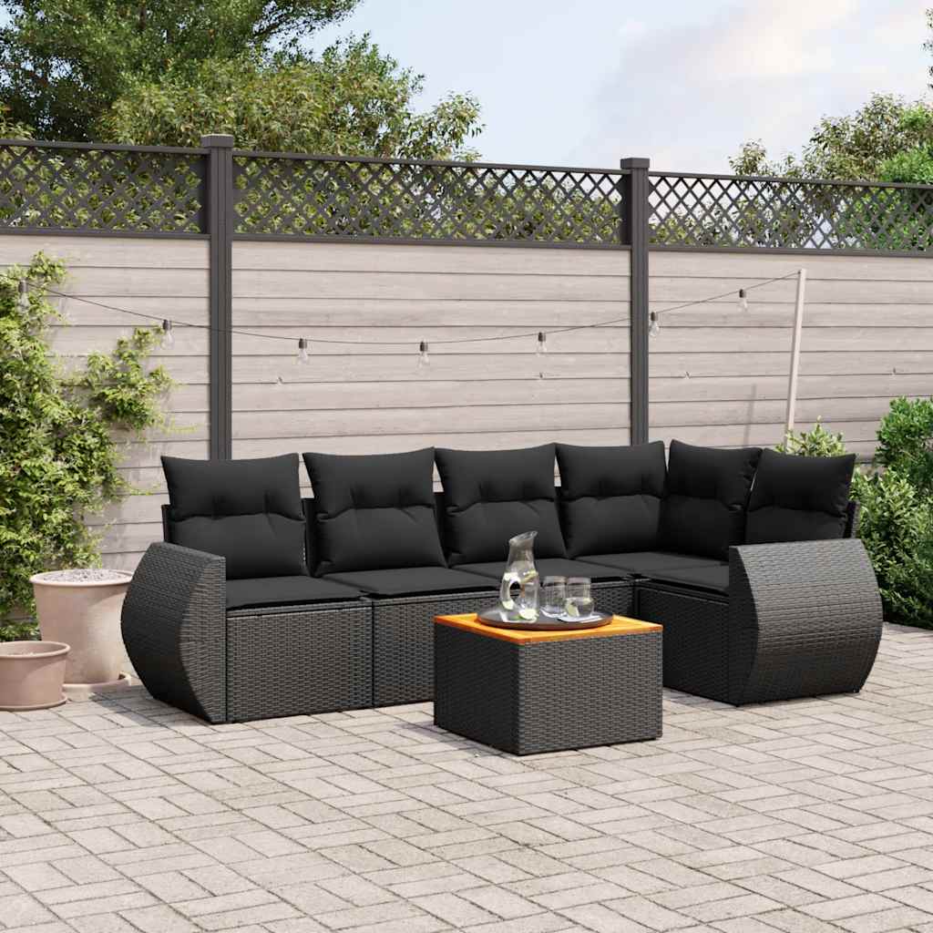 6-delige Loungeset met kussens poly rattan zwart – afbeelding 1