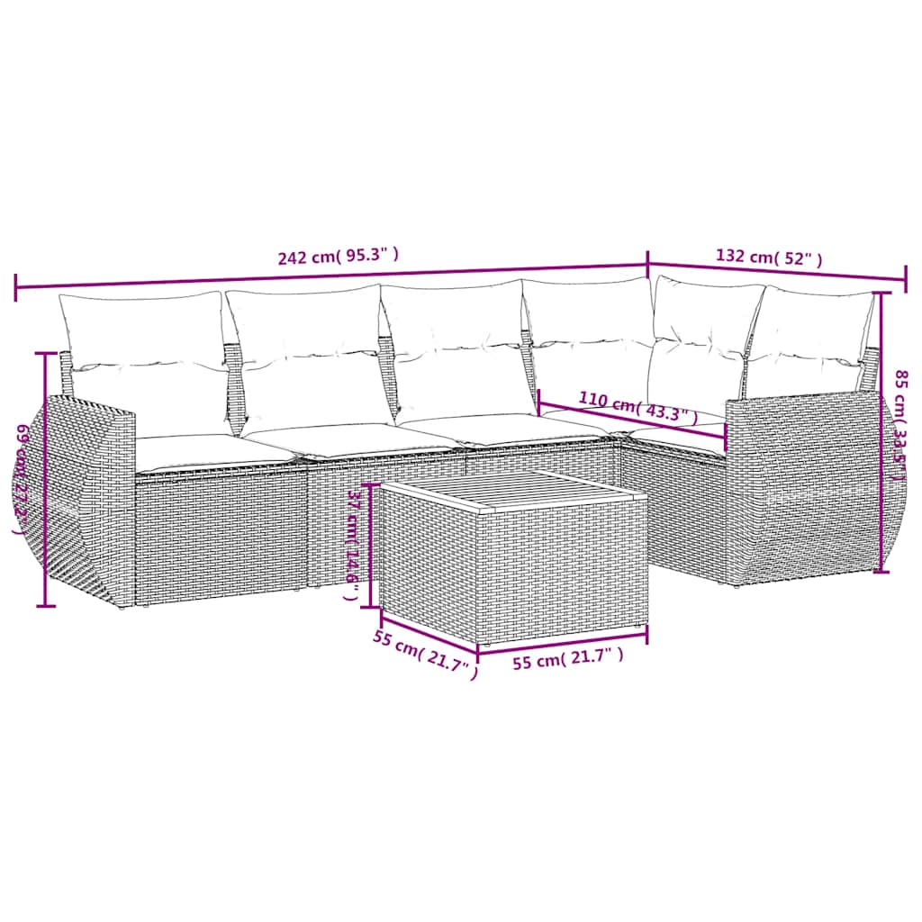 6-delige Loungeset met kussens poly rattan zwart – afbeelding 8