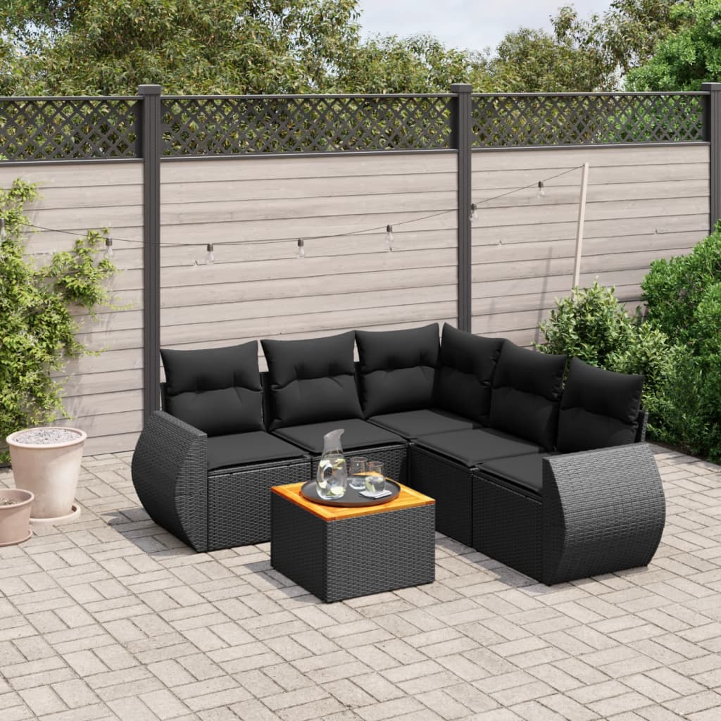 6-delige Loungeset met kussens poly rattan zwart – afbeelding 1