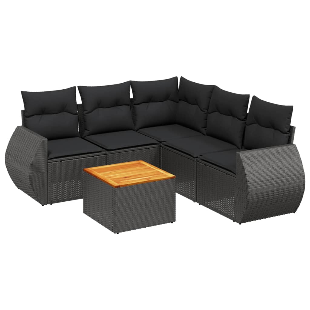 6-delige Loungeset met kussens poly rattan zwart – afbeelding 2
