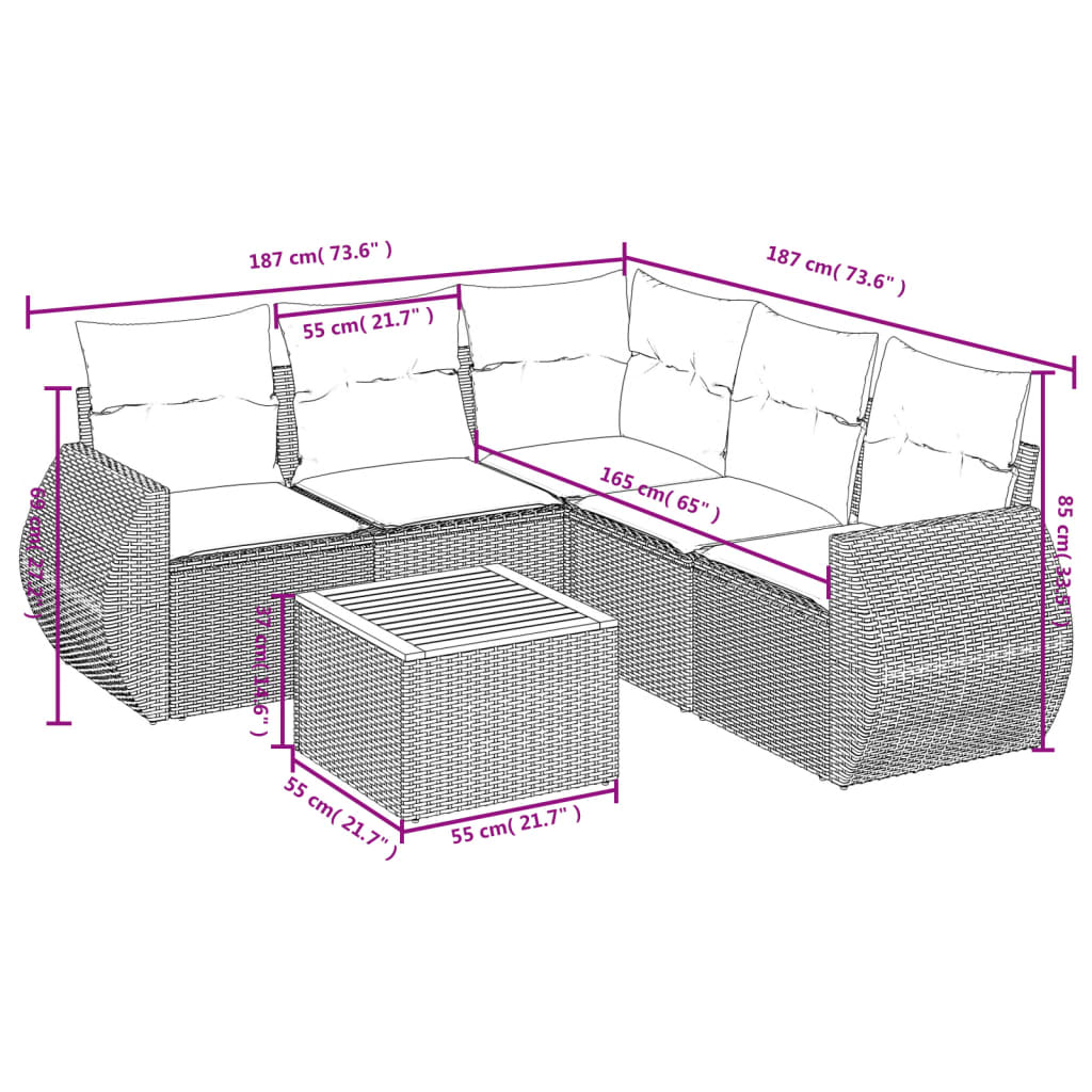 6-delige Loungeset met kussens poly rattan zwart – afbeelding 8