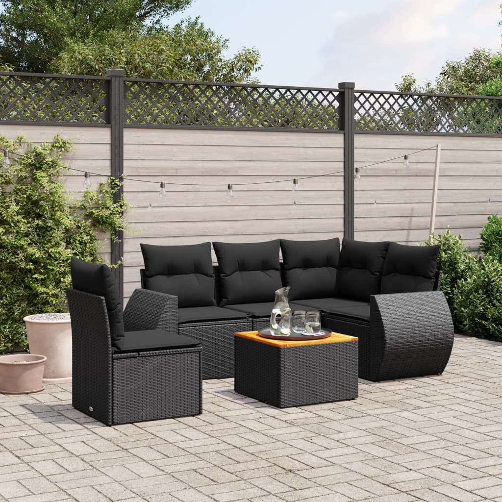 6-delige Loungeset met kussens poly rattan zwart – afbeelding 1