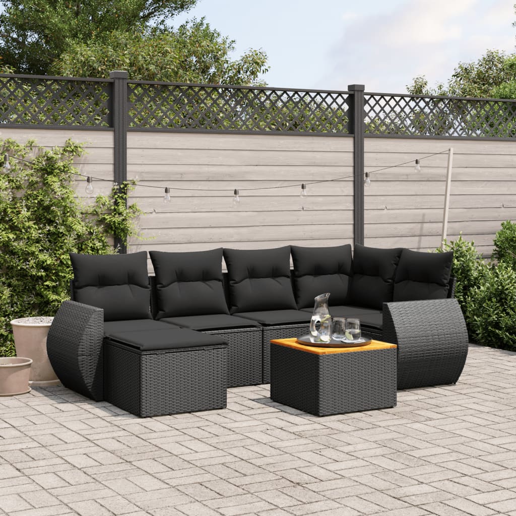 7-delige Loungeset met kussens poly rattan zwart – afbeelding 1