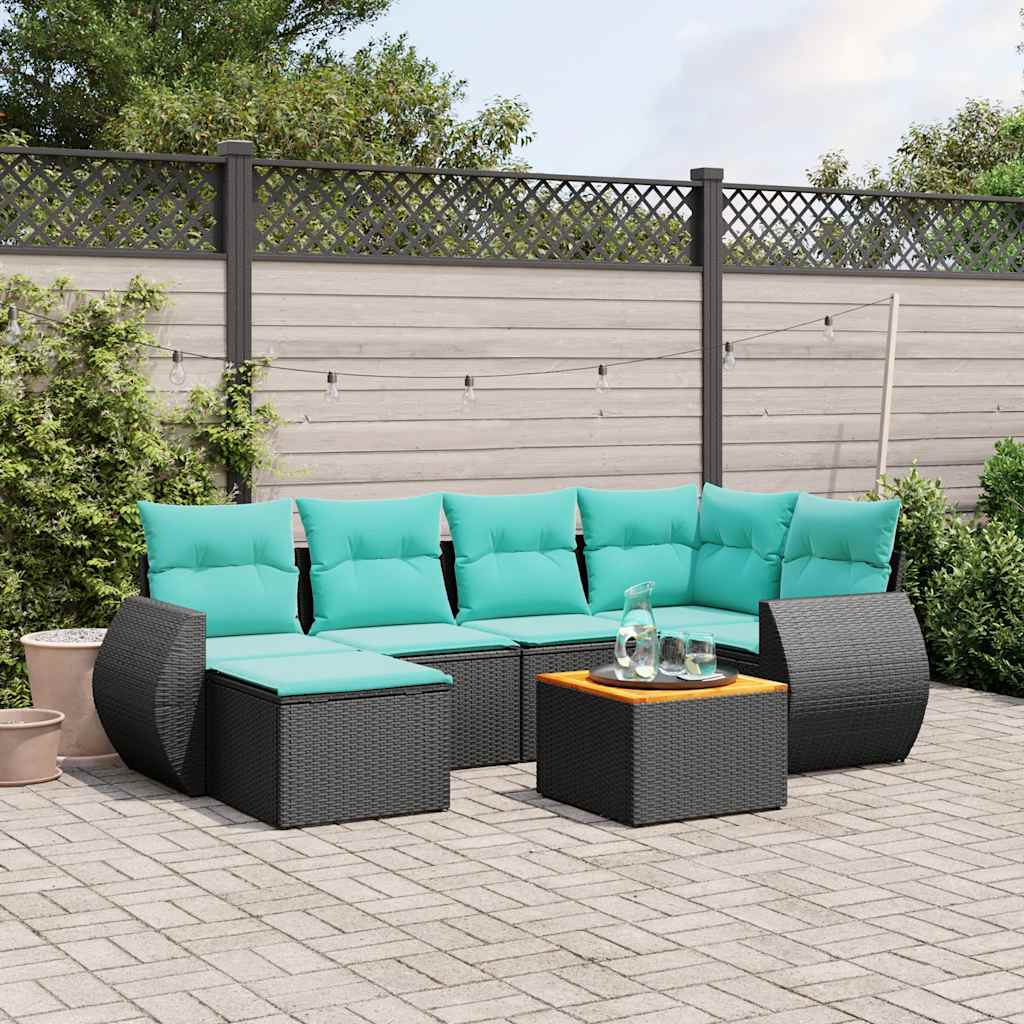7-delige tuinbankset met kussens van zwart polyrotan – afbeelding 1