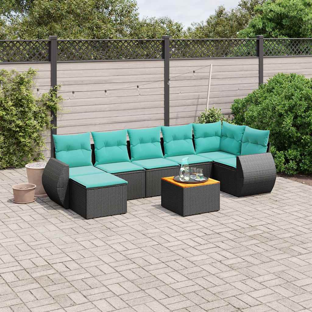 8-delige tuinbankset met kussens, zwart polyrotan – afbeelding 1