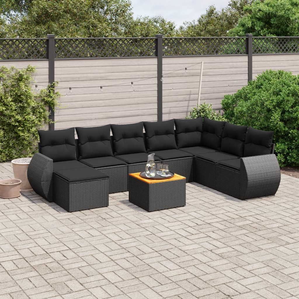 9-delige Loungeset met kussens poly rattan zwart – afbeelding 1