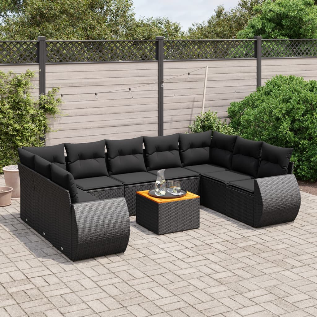 10-delige Loungeset met kussens poly rattan zwart – afbeelding 1