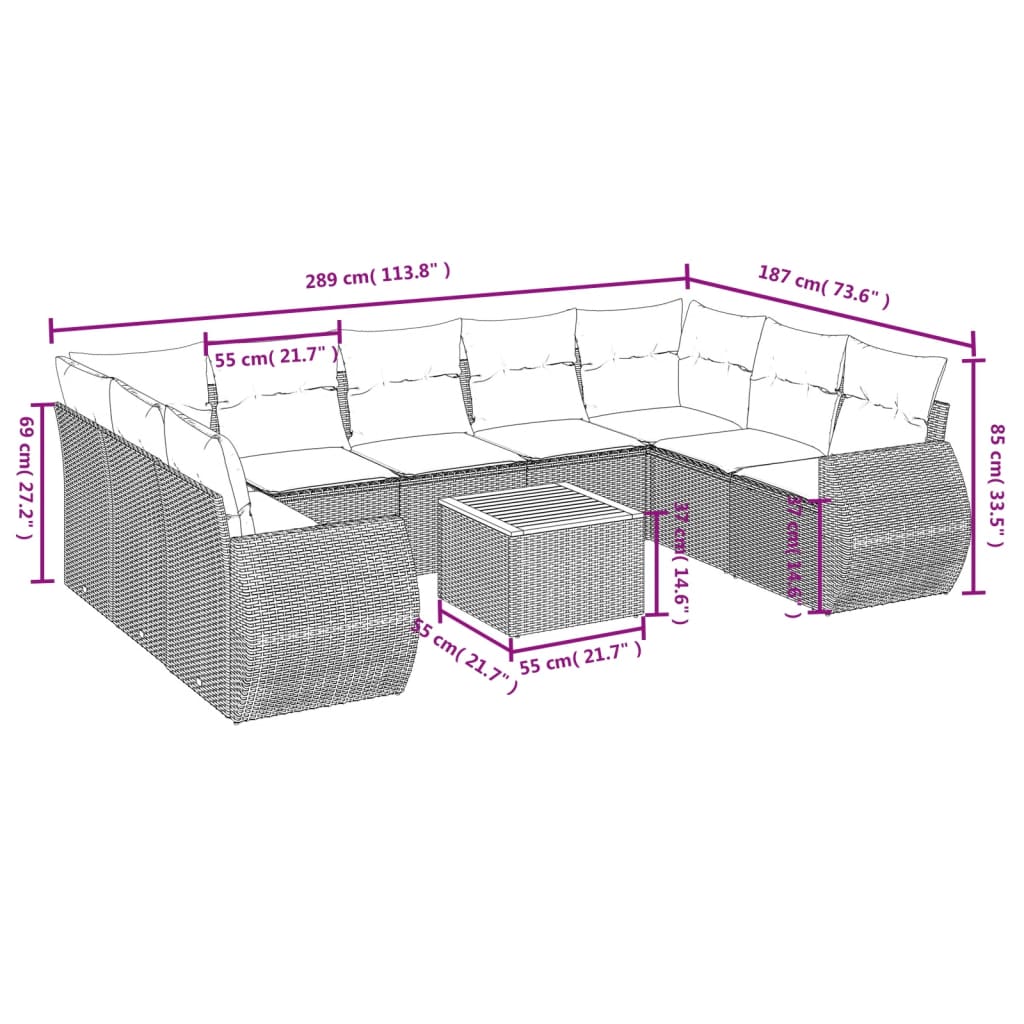 10-delige Loungeset met kussens poly rattan zwart – afbeelding 8