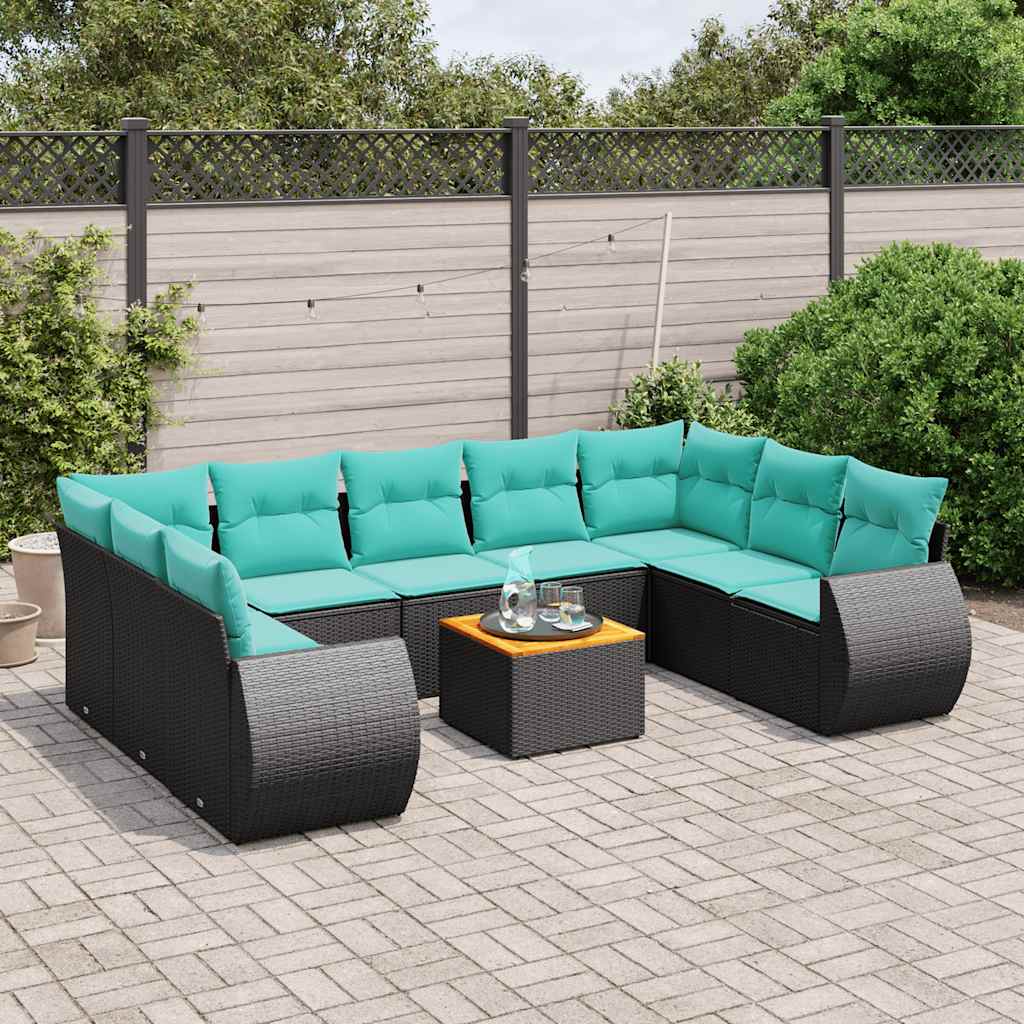 10-delige tuinbankset met kussens van zwart polyrotan – afbeelding 1