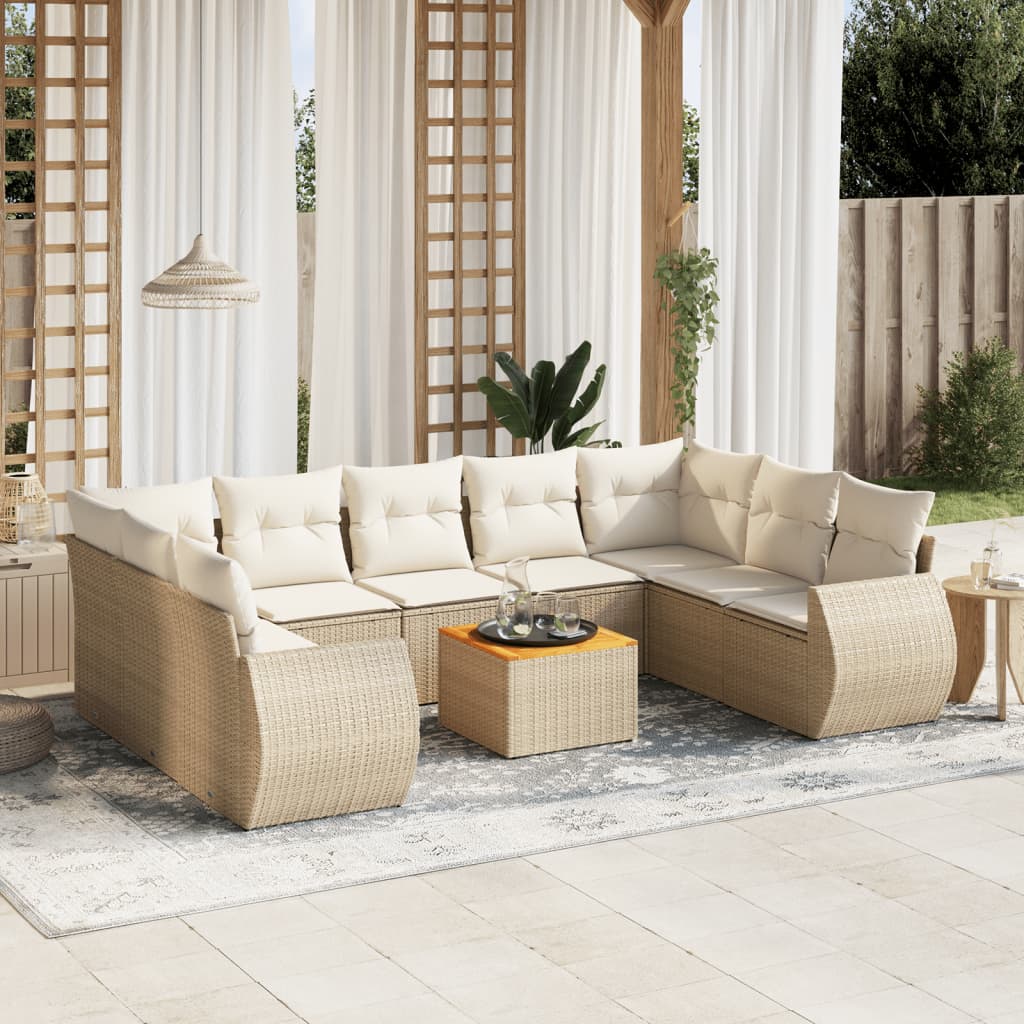 10-delige Loungeset met kussens poly rattan beige – afbeelding 1